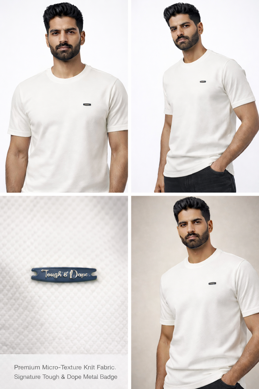 Tough & Dope Off-White Textured Premium T-Shirt for Men | Athletic Fit | Metal Logo Badge
