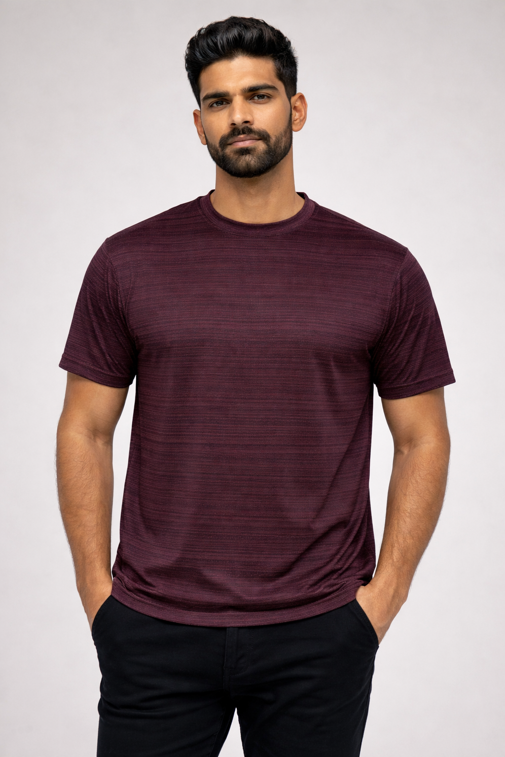 Textured Knit Maroon Tee – Premium Structured Cotton